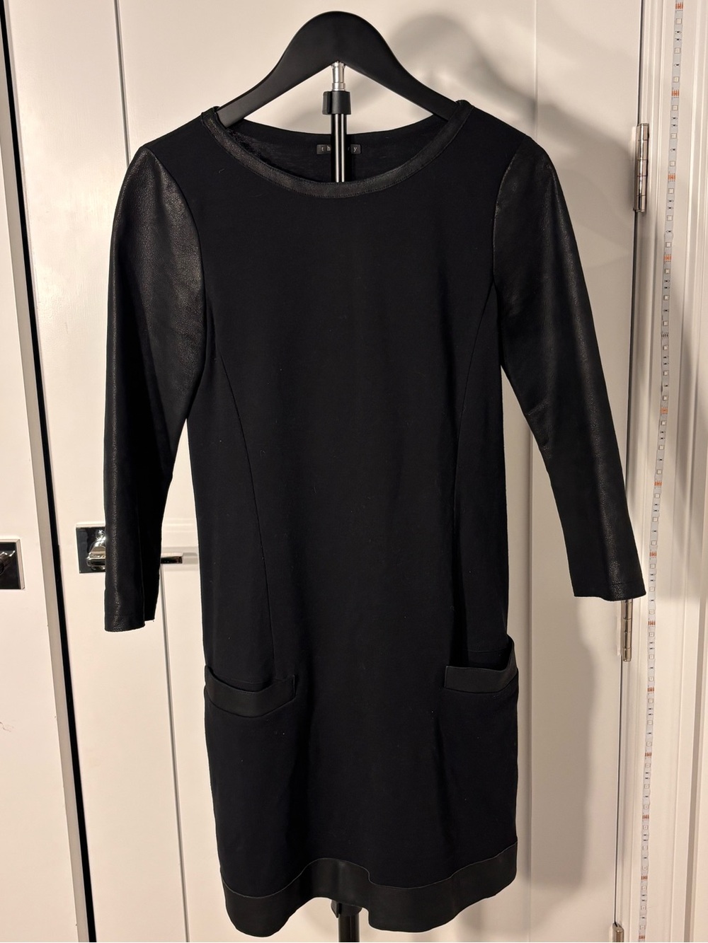 Theory Black Wool Blend Dress Goat Leather Sleeves Shift Dress P